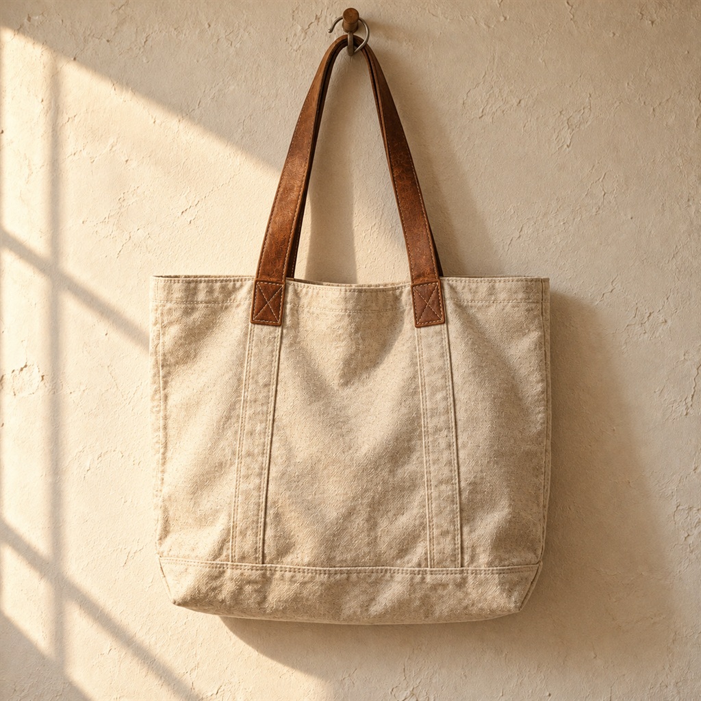 Canvas Tote with Leather Handles on a wooden hanger
