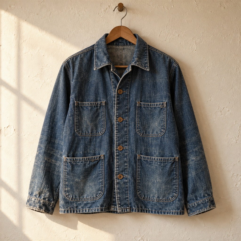 Faded Indigo Chore Jacket on a wooden hanger