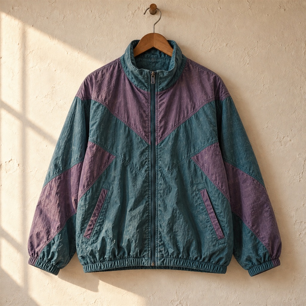 90s Color-Block Windbreaker on a wooden hanger