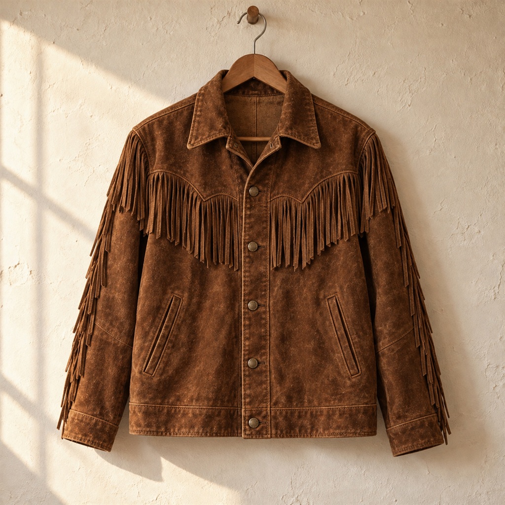 Brown Suede Fringe Western Jacket on a wooden hanger