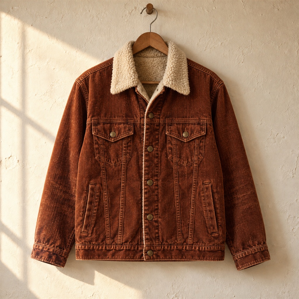 Rust Corduroy Trucker with Sherpa Collar on a wooden hanger