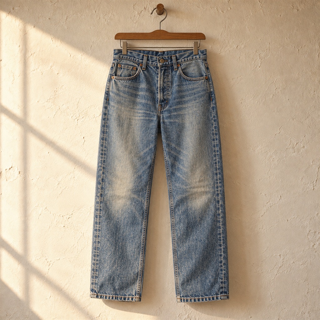 Light-Wash Straight Jeans on a wooden hanger