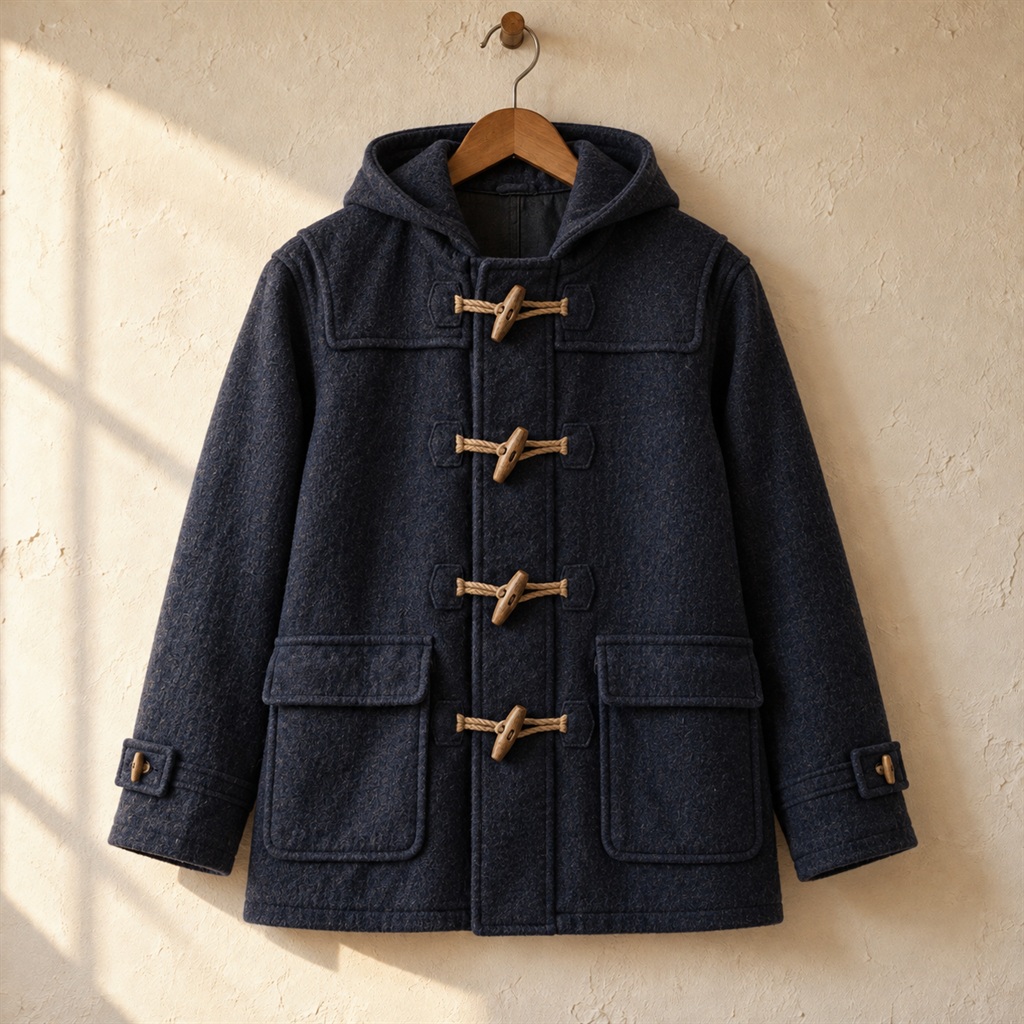 Navy Wool Duffle Coat on a wooden hanger