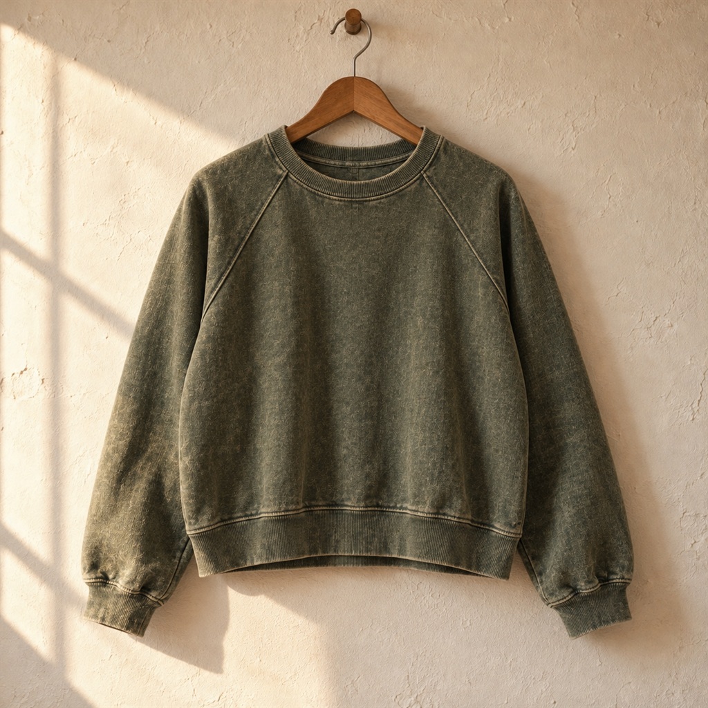 Faded Olive Raglan Sweatshirt on a wooden hanger