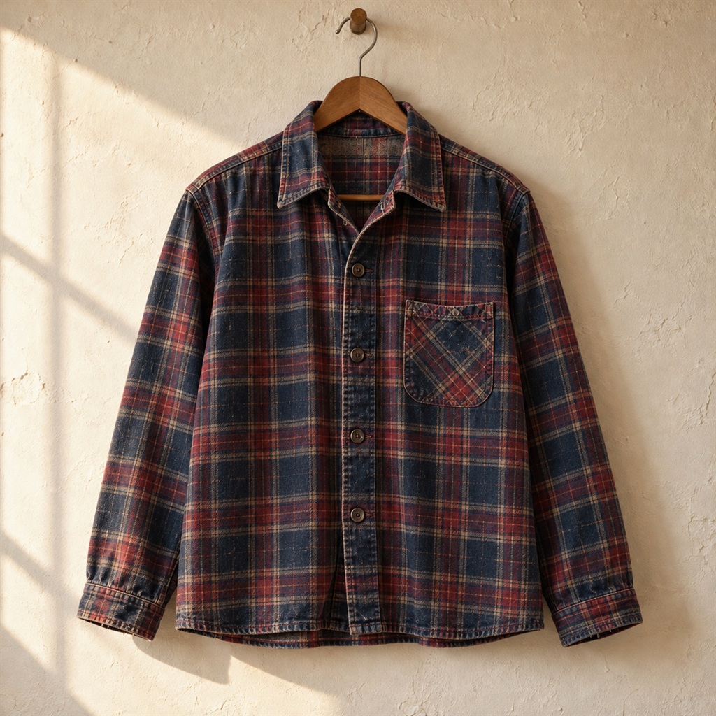 Red & Navy Plaid Flannel Shirt on a wooden hanger