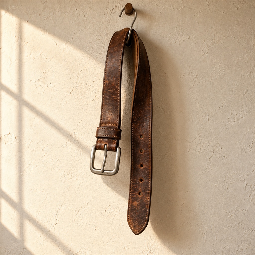 Brown Leather Western Belt on a wooden hanger