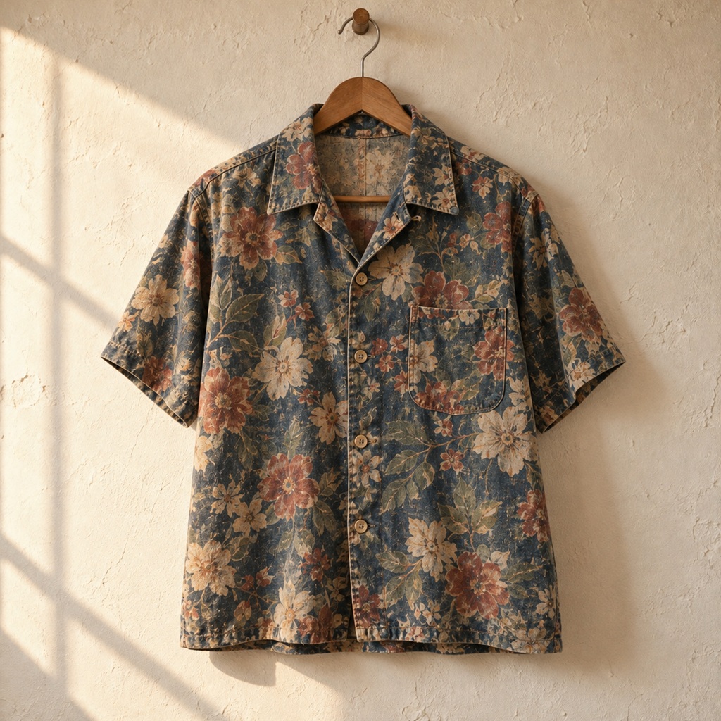 Muted Floral Rayon Shirt on a wooden hanger