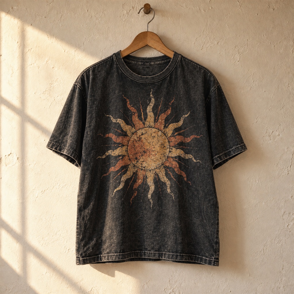 Faded Black Sun Graphic Tee on a wooden hanger