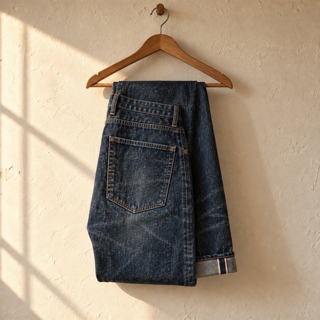Dark Indigo Selvedge-Style Jeans on a wooden hanger